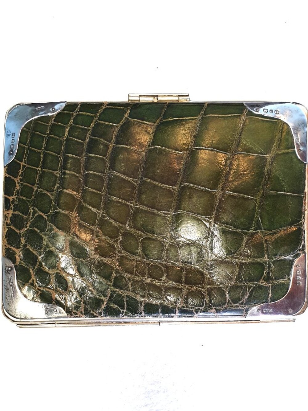 Antique 1898 Victorian Birmingham 925Silver & Green Crocodile Leather Wallet